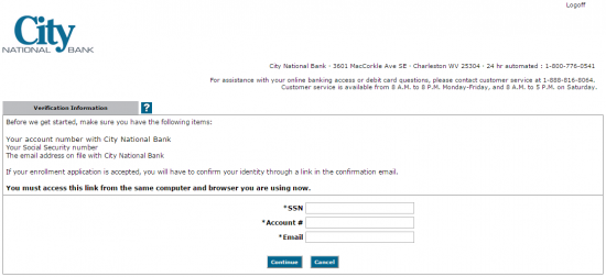 City National Bank Online Banking Enroll - Step 3